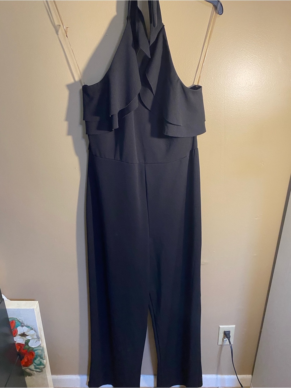 bebe Black Halter Ruffle Jumpsuit with Tie Neck